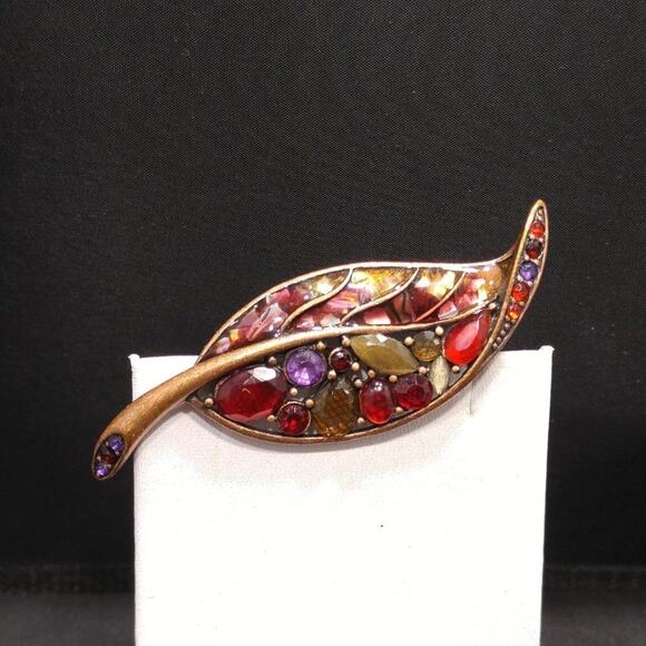 Vintage Liz Claiborne Leaf Rhinestone Brooch, Red Rhinestones, Copper, 2 7/8" - Picture 8 of 8